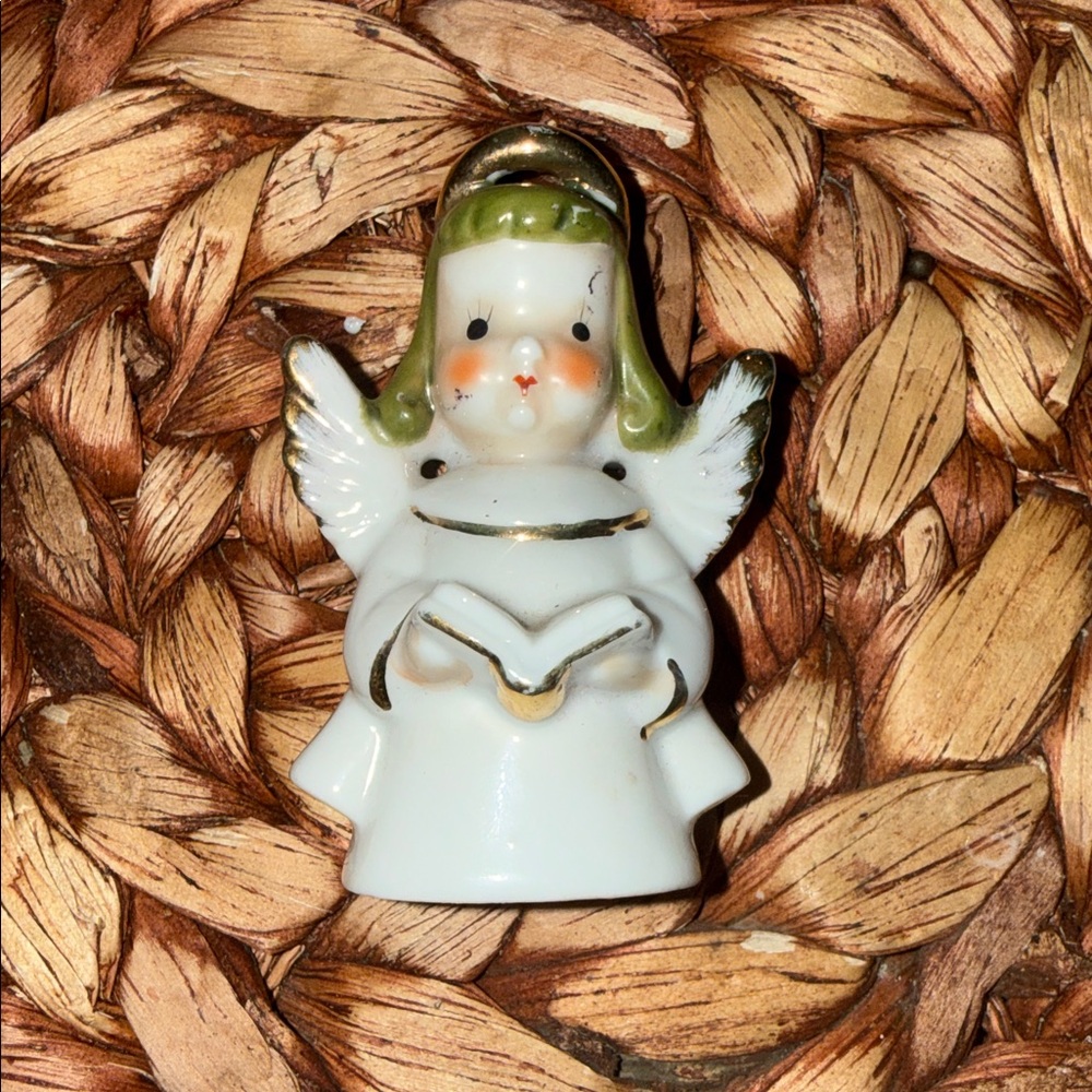 Vintage Ceramic Angel Bell Figurine Green Hair Gold Trim Japan Mid Century MCM